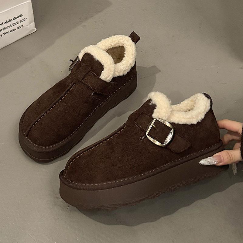 Leather thick-soled all-inclusive velvet thermal women's shoes, winter new one-pedal snow boots, bread wool cotton shoes