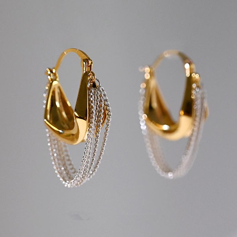 Серьги-кисточки из цепочек, контраст золотого и серебряного цветов, темпераментные, в стиле ретро, женские аксессуары