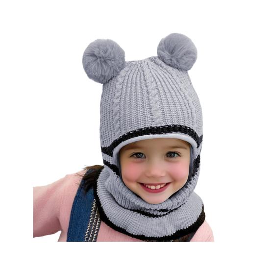 Children Hat Plush Balls Decor Thickened Knitting Hat 3-in-1 Design Hat Scarf Face Guard Headgear Elastic Fit Windproof Hat