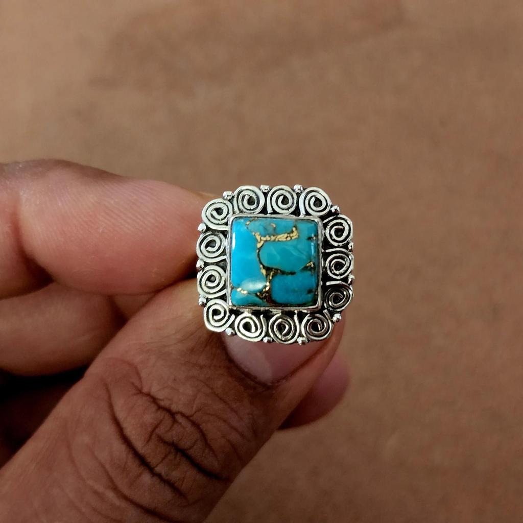 Square Blue Copper Turquoise Boho Style 925 Sterling Silver Ring Jewelry, Native Style Turquoise Handmade Ring