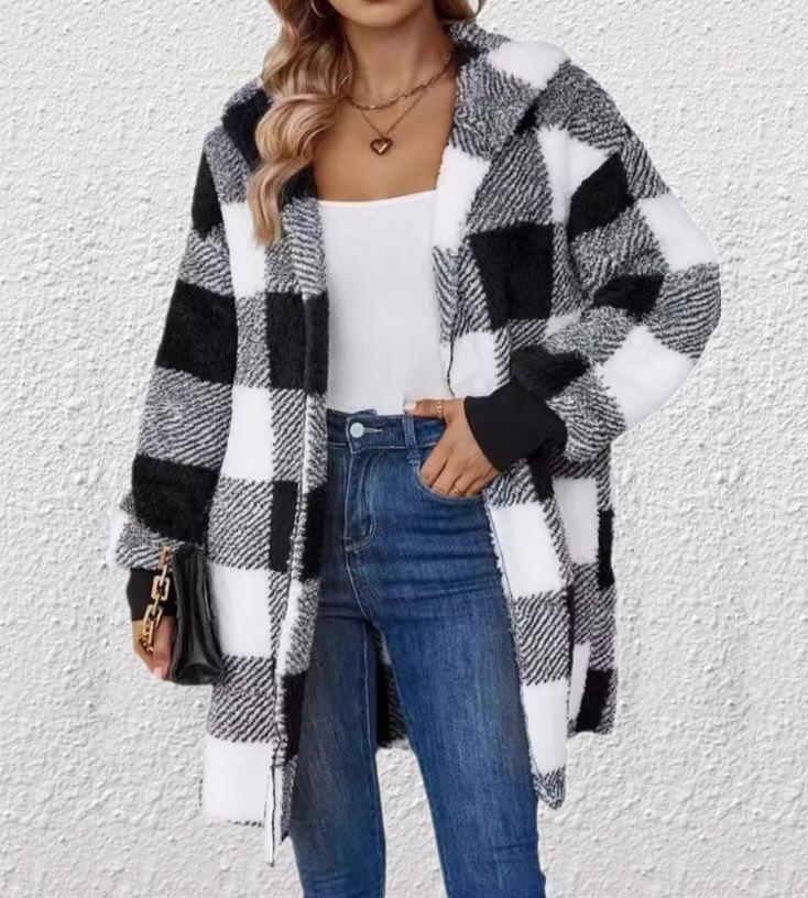 Women's Autumn/Winter Hooded Plaid Plush Cardigan Jacket