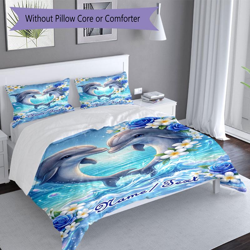 3PC Custom Name Dolphins Heart Shape Bedding Set Printed  Bedding Set Duvet Cover Closure Includes 1 Duvet Cover & 49 Pillowcases for Bedroom