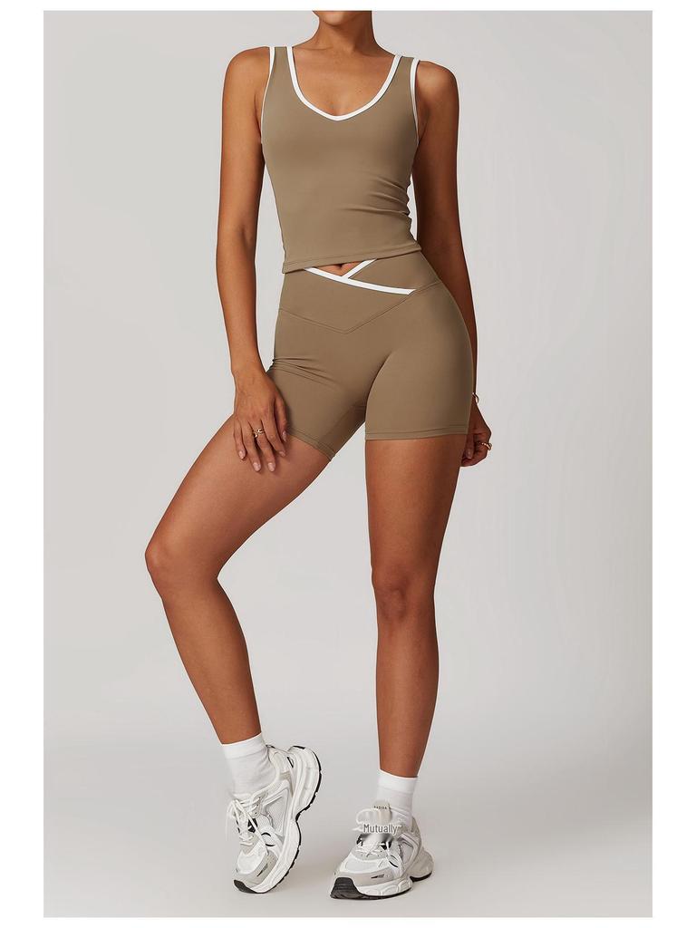 Women's Color Block High Waist Sports Set: Backless Vest Top & Running Shorts for Fitness and Yoga