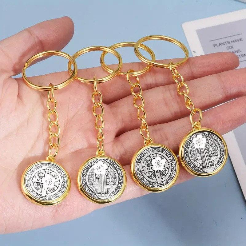 DIY Antique Silver Zinc Alloy Keychain, High-End Quality and Durable Saint Benedict Alloy Pendant, Car Key Small Charm