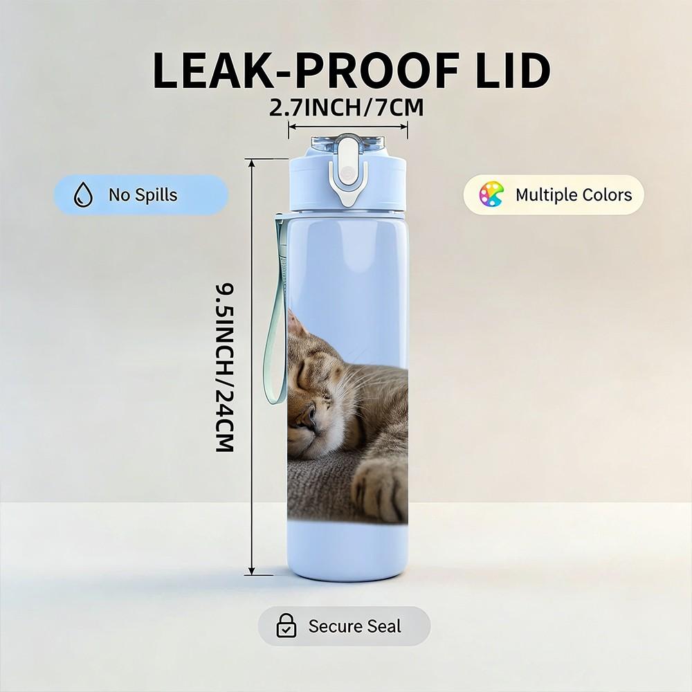 1PC Lazy Tabby Cat Sleep Pose 750ml Color Plastic Sports Water Bottle Leakproof Flip Straw Lid Suitable for Sports Office Home Use