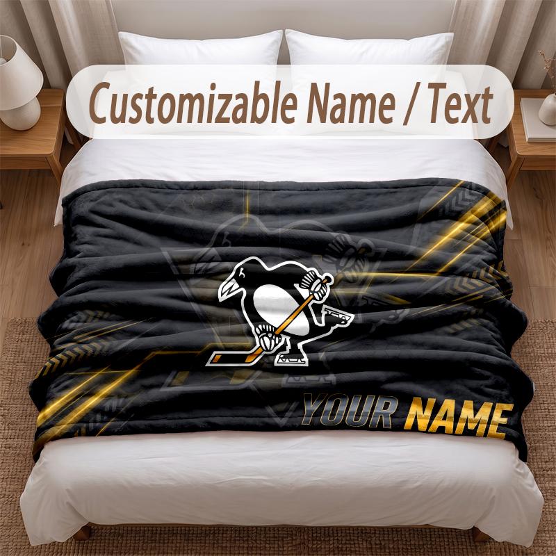 Pittsburgh Penguins Printed Flannel Blanket Custom Name Text Soft Warm Throw For Bedroom Holiday Gift