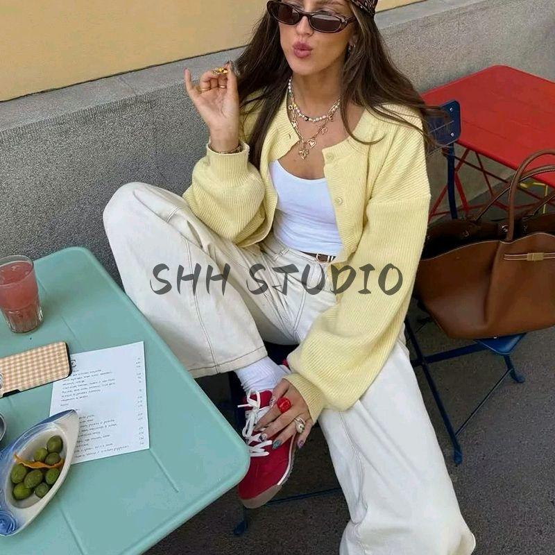 Summer New Product Women's Clothes French Style Commute Style Loose Single Row Multi-Buckle Round Neck Lantern Sleeve Knitting Cardigan Outwear