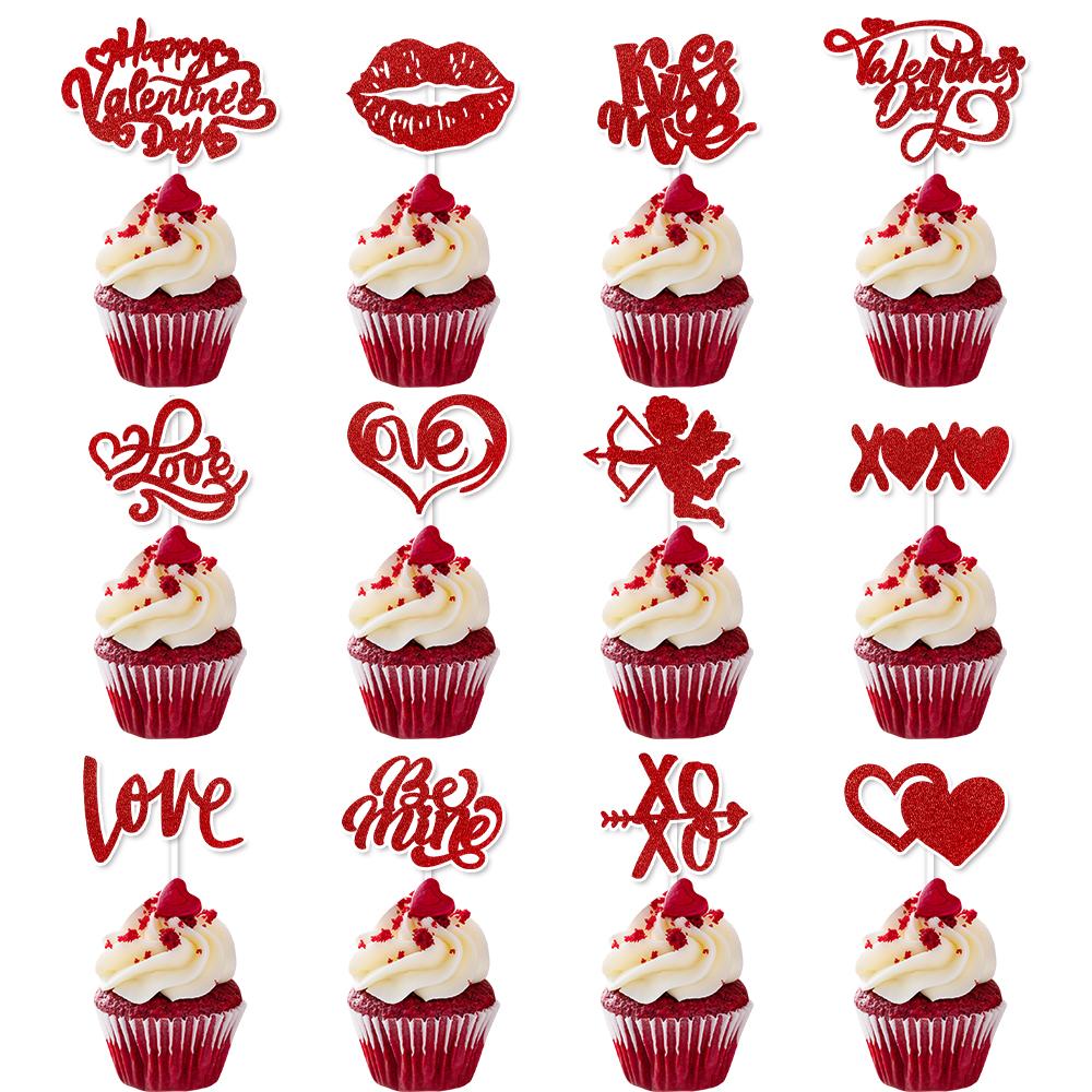 12pcs Red Heart I Love You XOXO Cake Toppers Valentines Day Cupcake Picks Wedding Engagement Birthday Party Cake Decoration