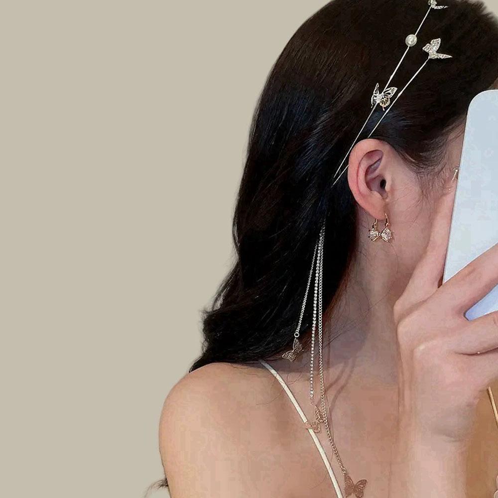 1pc Fashion Butterfly Hair Accessories Romantic Crystal Pearl Tiara Hairbands for Women Long Tassel Chain Headwear Headwear