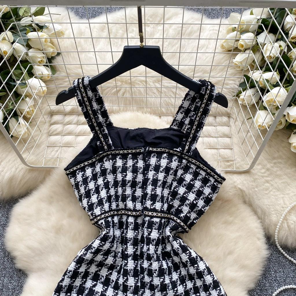 Autumn Winter Women Vintage Spaghetti Strap Houndstooth Tweed Party Short Split Dresses With Pocket
