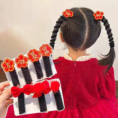 Red Hair Ties New Year Velvet Phone Cord Ponytail Ribbons  Chinese High Elastic Braided Rubber Band Scrunchies Hair Accessories