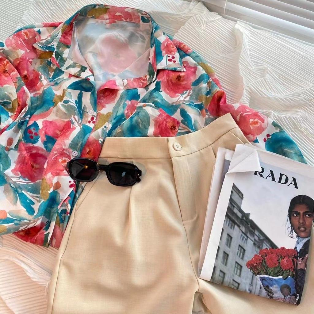 Korean-style Loose Textured Shirt with Ink Wash Printed Flowers High-end Floral Shirt with A Sense of Design