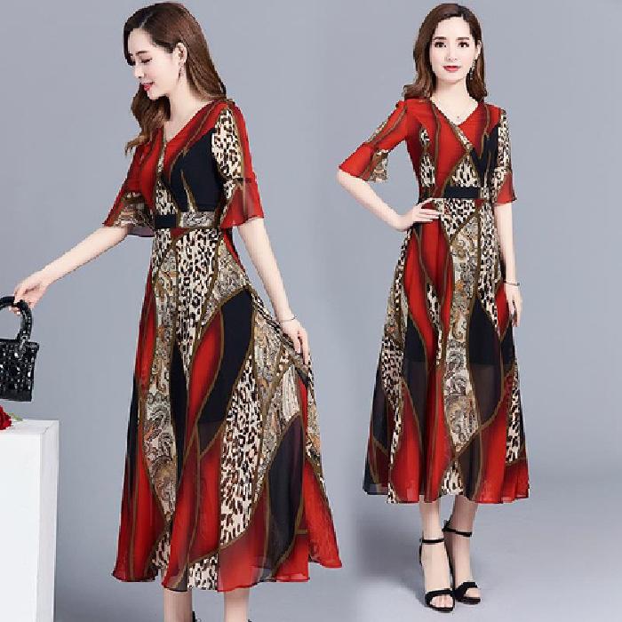 Large size women s dress summer new fat MM temperament mother medium and long ethnic style printed dress M