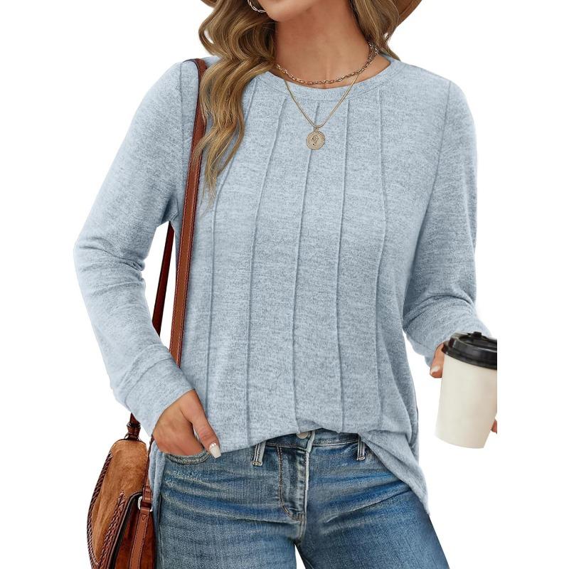 Autumn Winter Long Sleeved Top with Round Neck Pleated Knit Solid Color Loose Fitting Women's T-shirt