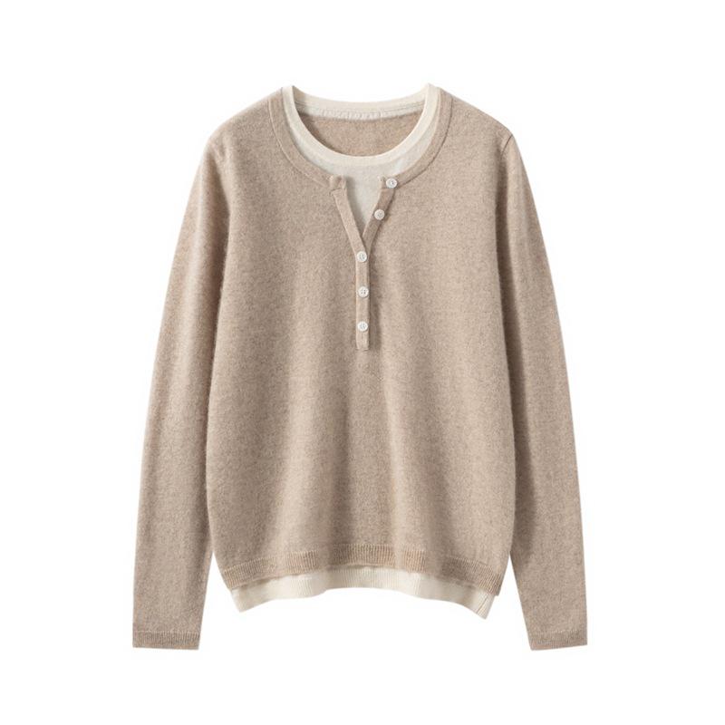 Autumn/Winter Women’s Color Block Cashmere Knit Layered Round Neck Pullover Sweater