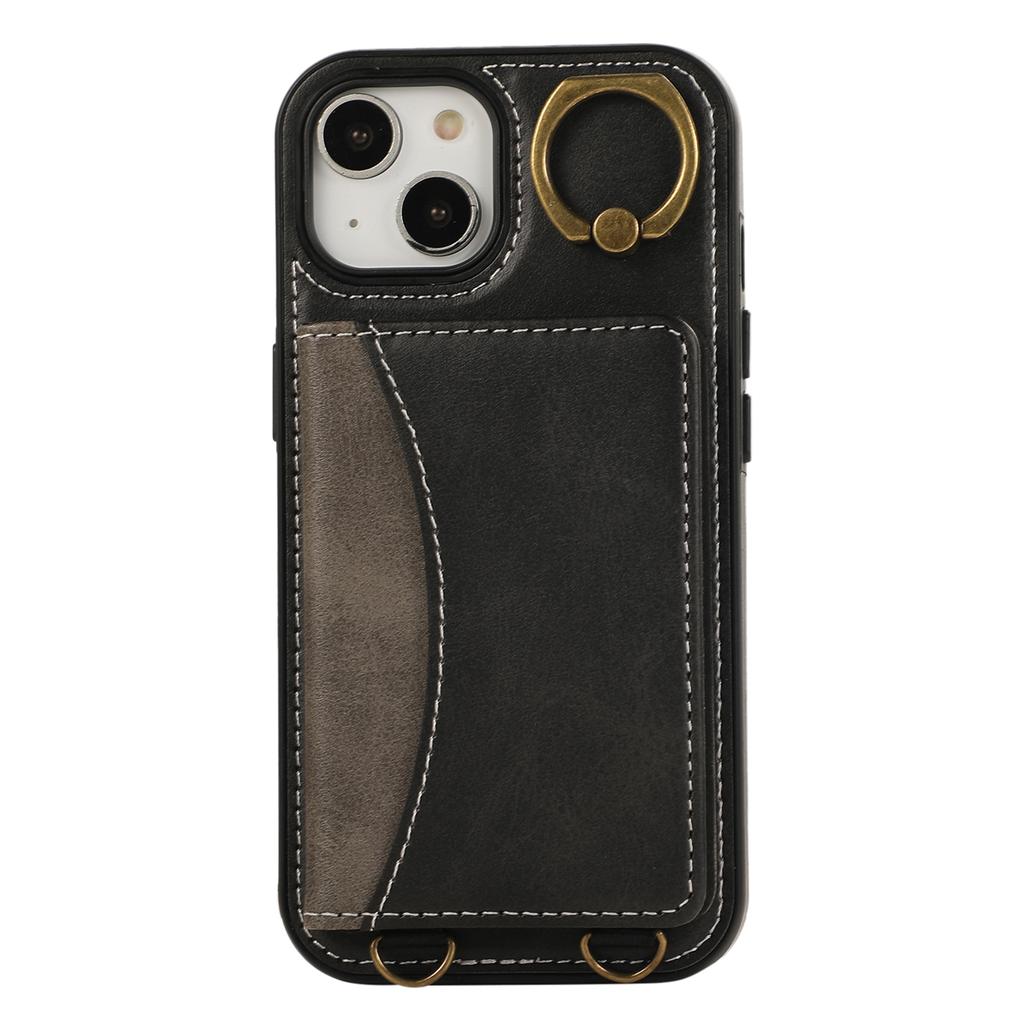 For iPhone 15 PU Leather Back Case Card Holder Kickstand Phone Cover with Wrist Strap