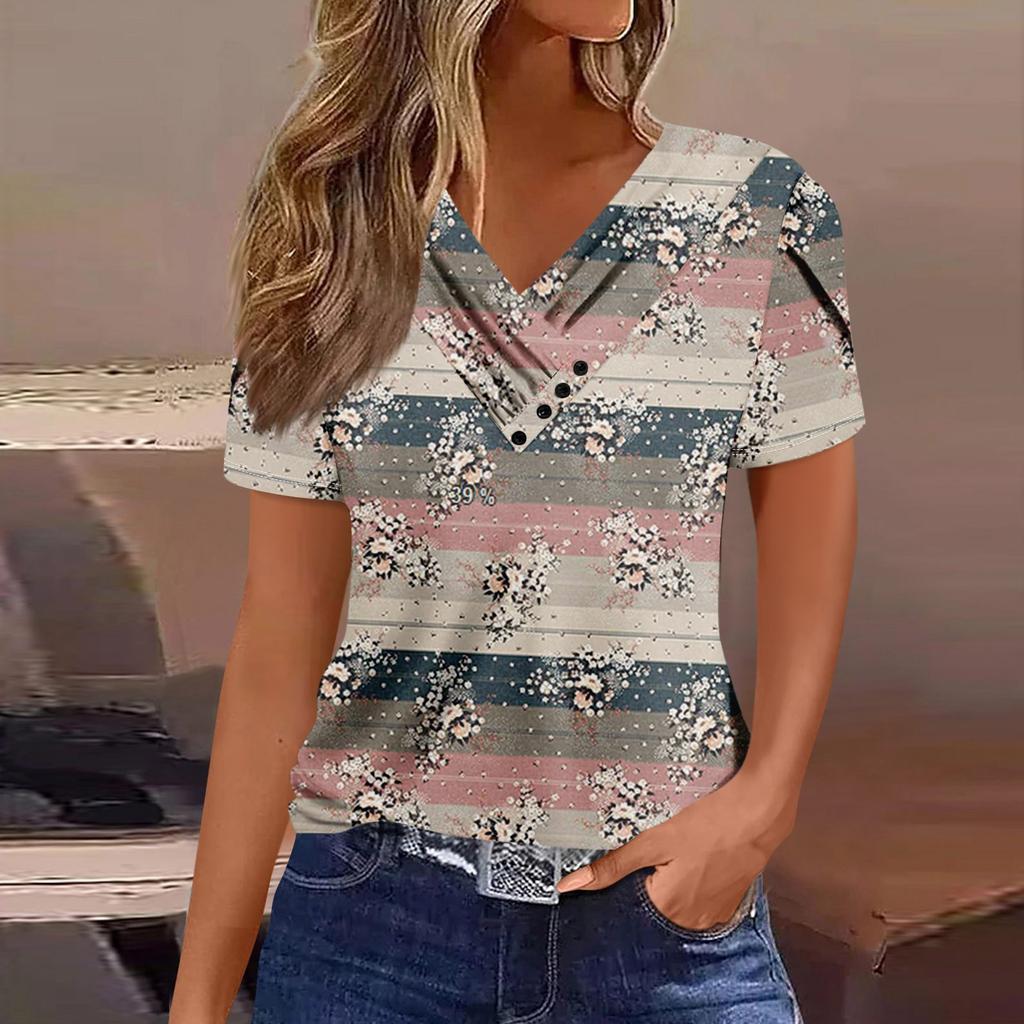 Women's T Shirt Tee Casual V-neck Short-sleeved T-shirt Printed Button Top