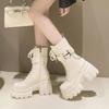 Fashion 9CM Chunky Platform Mid-Calf Boots Women New Autumn Winter Motorcycle Boots Woman Thick Bottom Non Slip Leather Combat Boots
