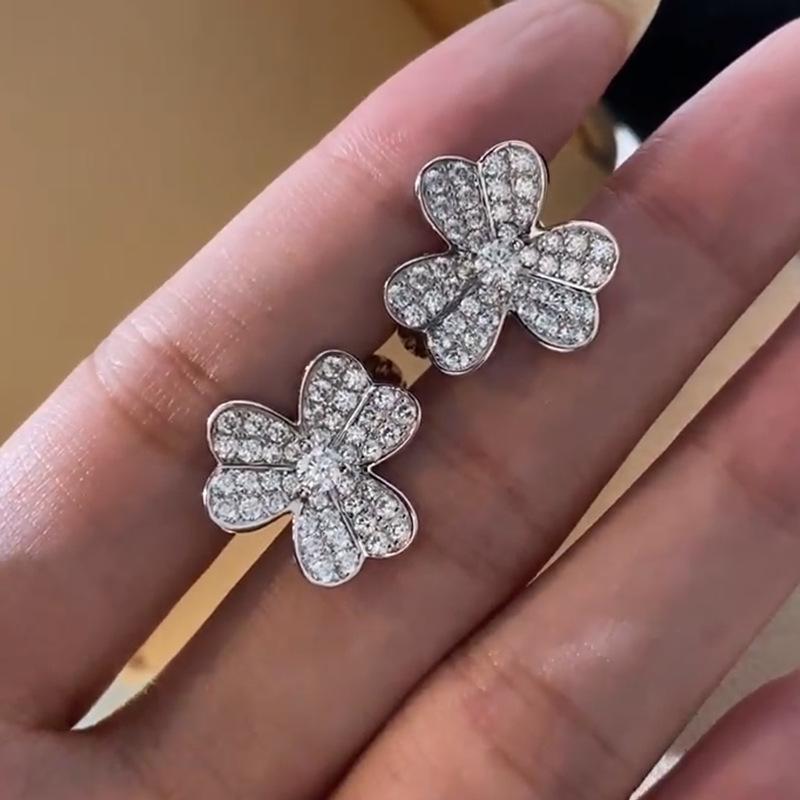 Silver Plated Full Paved Cubic Zirconia Five Petal Flower Stud Earrings Sparkling Floral Women Wedding Daily Jewelry Gift