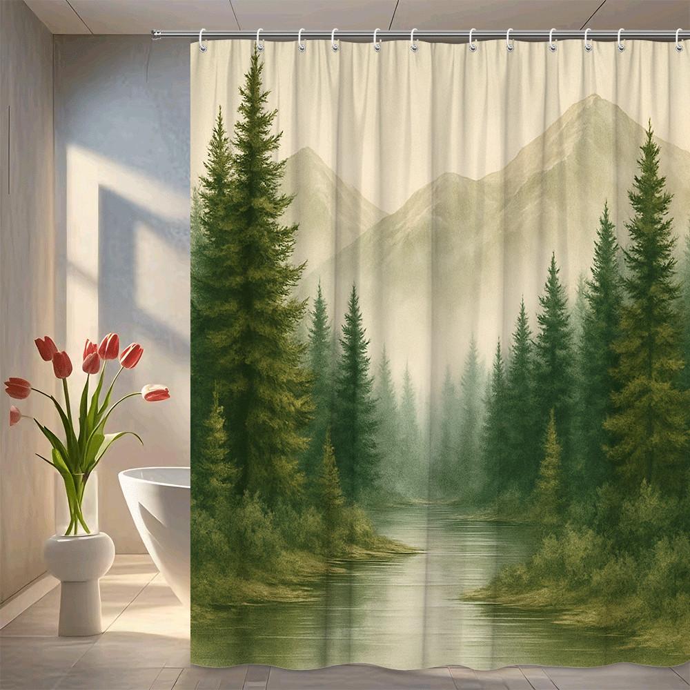 

Mountain Forest Shower Curtain Pine Trees And Lake View Nature Landscape Design Tranquil Bathroom Decor Waterproof Non-Toxic W60H190(CM)-1 Pcs