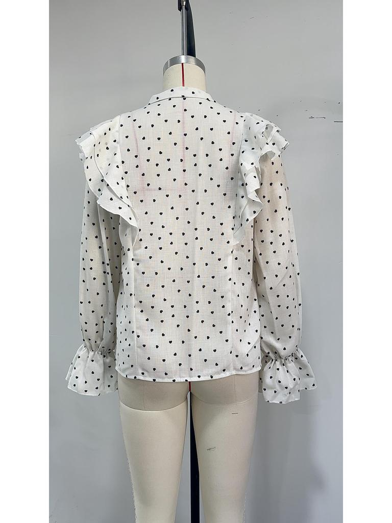 European & American French High-End Polka Dot Ruffle Long Sleeve Bow Tie Women's Shirt for Spring & Autumn