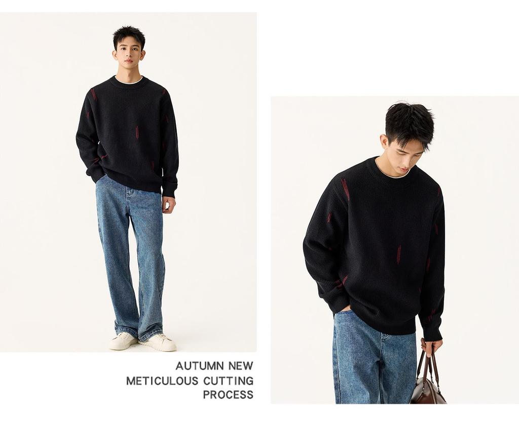 Men's High-End Round Neck Knit Sweater - Black & Red, Warm Autumn/Winter Inner Wear, In Stock with Tags