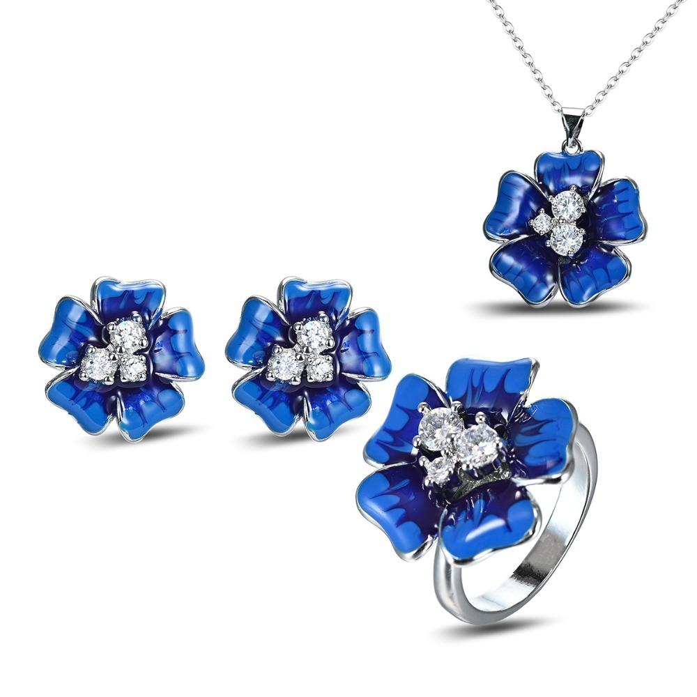 Women Jewelry Set Blue Resin Coated Necklace Large Flower Diamond Stud Earrings 6