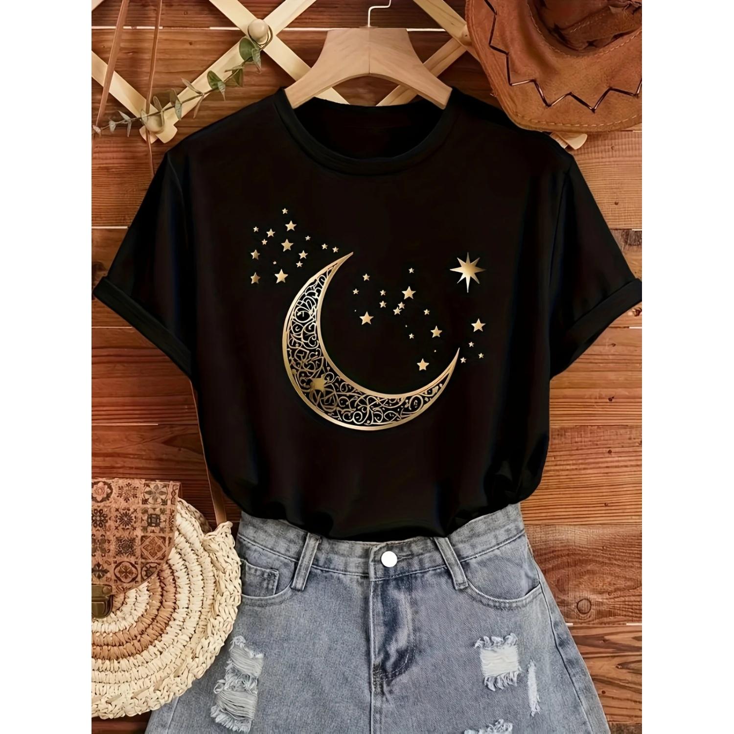 

Moon Print Crew Neck T-Shirt for Women Short Sleeve Regular Fit Top with Applique Detail Spring Summer Fall S чёрный