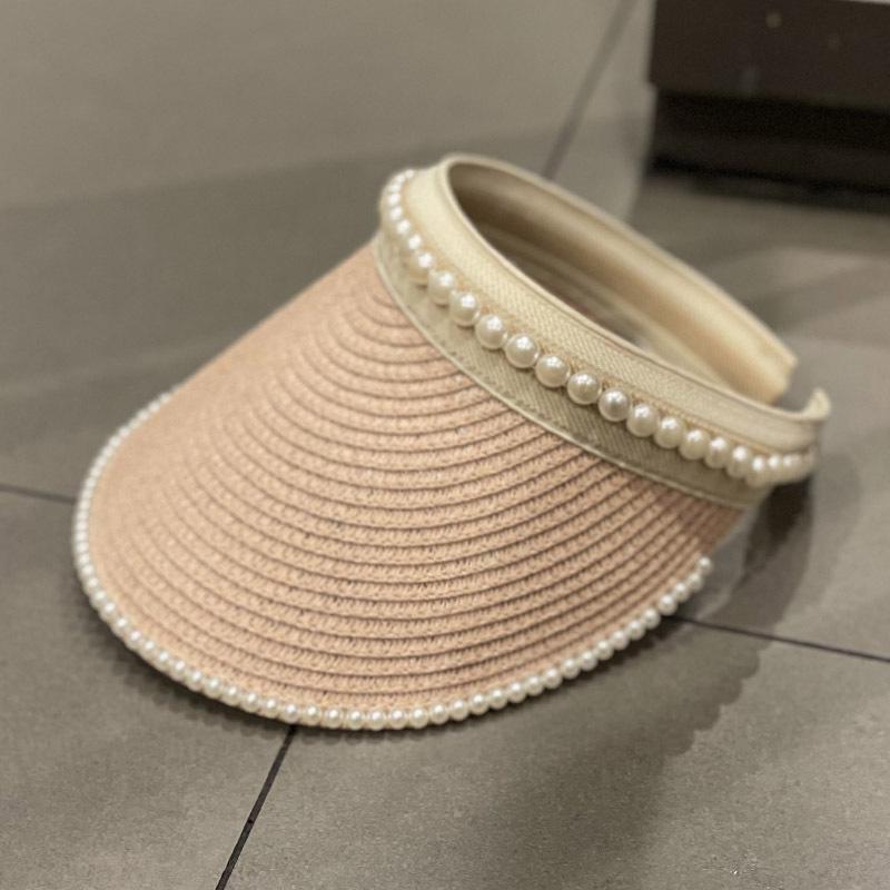 Women Straw Visor Hat With Pearl Decoration Breathable Sun Protection Headband For Spring Summer Travel And Daily Wear