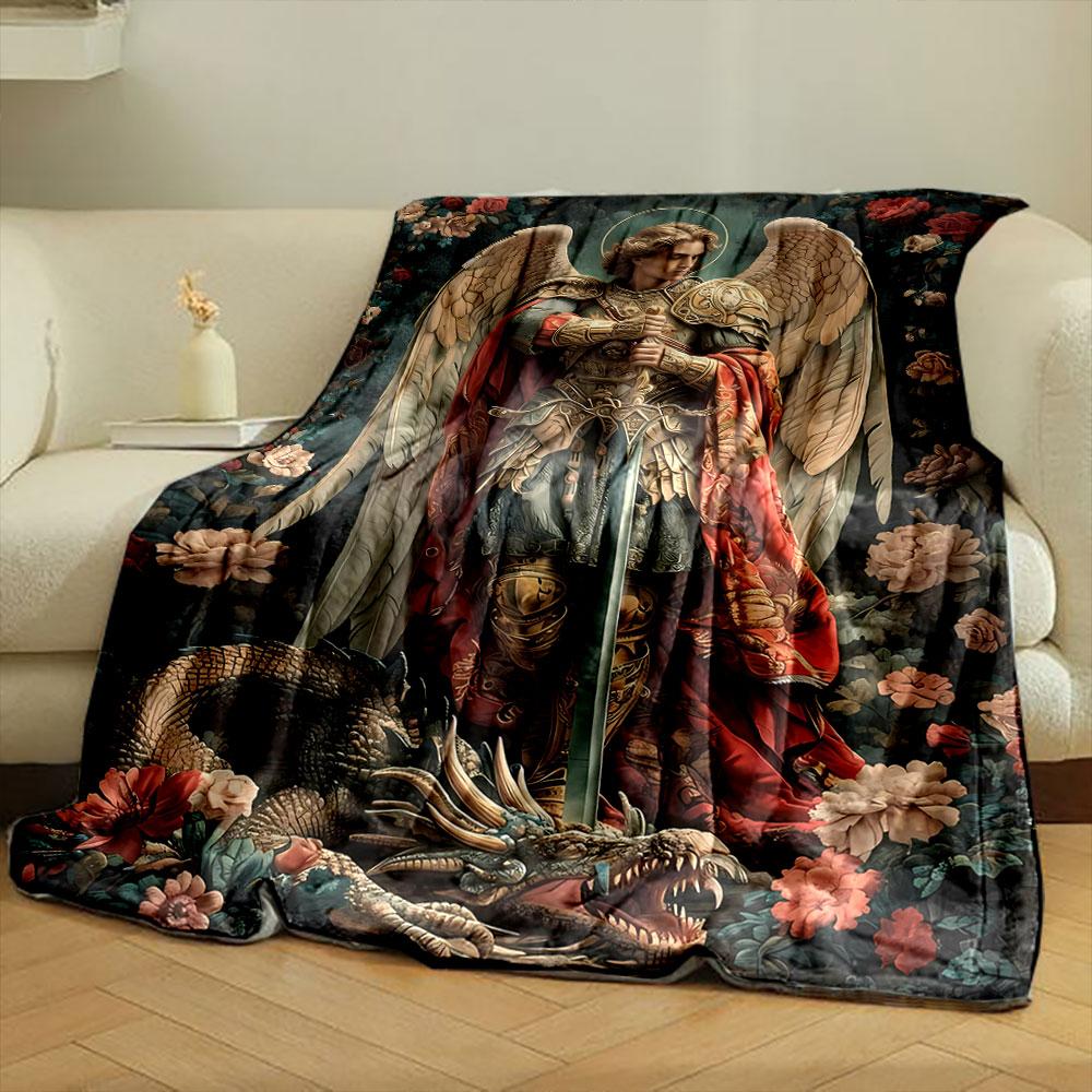 Archangel Michael Dragon Floral Blanket Bedroom Blanket for Livingroom Couch Lunch Break Soft Throw for Friend's Festival Gift