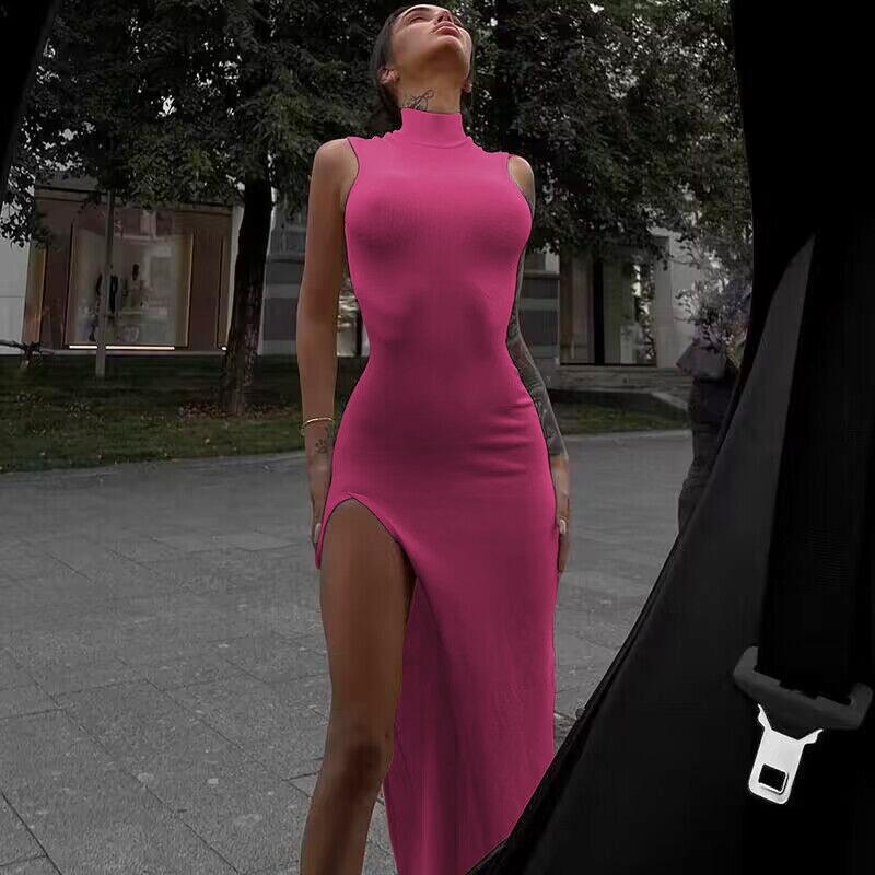 Ärmelloses, schmales, geschlitztes Midikleid mit Rundhalsausschnitt für Damen