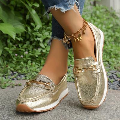 Ballerine da donna larghe con dettaglio in metallo, mocassini a catena scollati con punta rotonda, scarpe autunnali europee in stock
