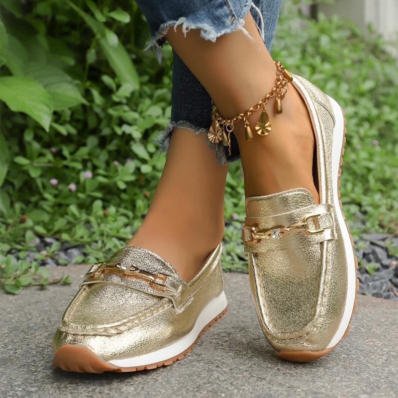 Women's Wide Width Metal Detail Flats, Round Toe Low-Cut Chain Loafers, European Autumn Shoes in Stock
