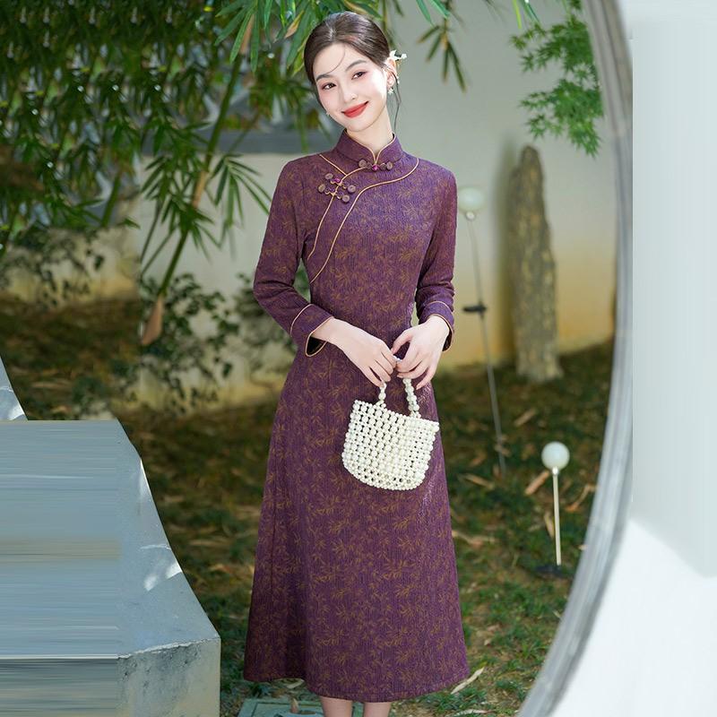 Elegant Purple Modern Chinese-Inspired Long Sleeve Dress Women Winter Vintage Style