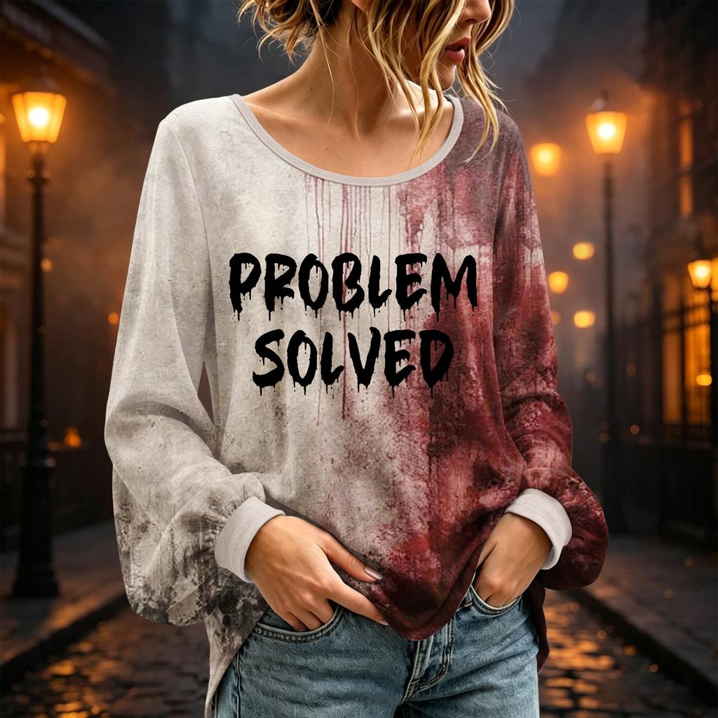Women's Long Sleeve Round Neck Halloween Printed Tunic Top for Festive Occasions