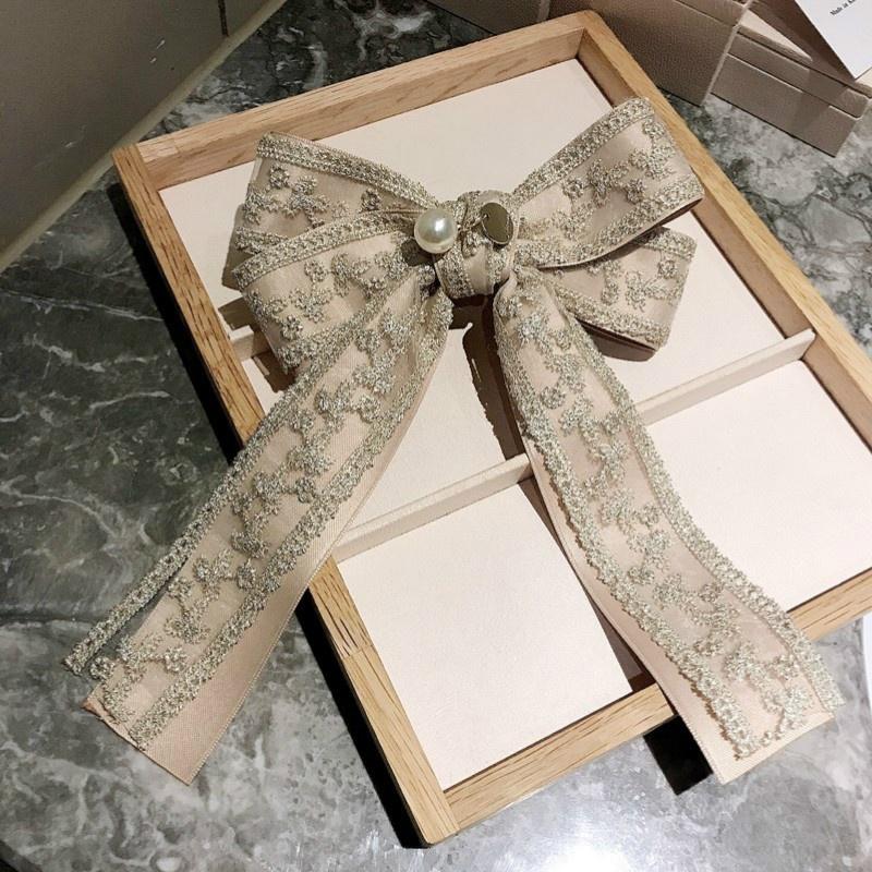 2 In 1 Women Vintage Big Bow Brooch Hairpin Lace Embroidery Necktie