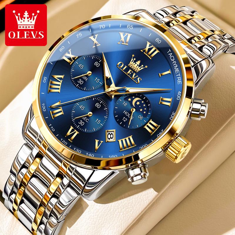 OLEVS Luxury Quartz Watch For Men Roman Scale Moon Phase Chronograph Man Watches Waterproof Luminous Calendar Wrist Watch