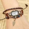 Retro Genuine Leather Leaf-Style Bracelet Watch for Men & Women