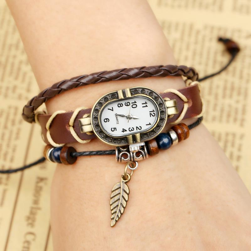 Retro Genuine Leather Leaf-Style Bracelet Watch for Men & Women