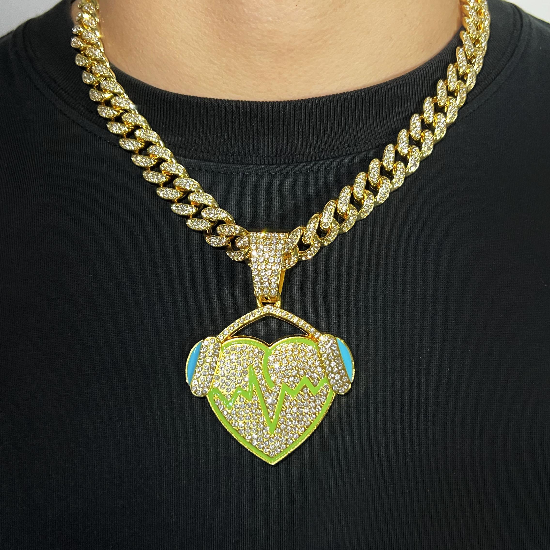 

Стильная кубинская цепочка с подвеской в виде сердца из страз, хип-хоп ожерелье для мужчин, крутые аксессуары 50cm 20inch золотой