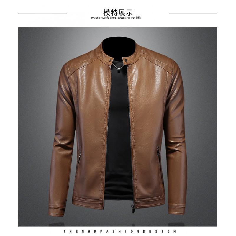 Mens PU Leather Biker Jacket With Stand Collar Slim Fit Casual Outerwear