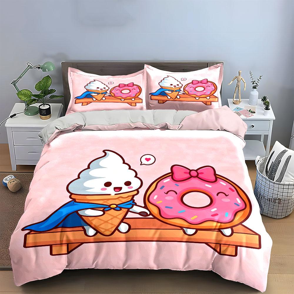 3Pcs Sweet Dessert Bedding Set, Cartoon Ice Cream Hero And Donut Print Duvet Cover, Pink Themed Bedroom,Great Gift EU Twin 135X200cm&set