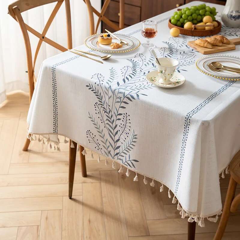 Nordic Cotton Linen Fabric Tablecloth Embroidered Dining Table Cloth Waterproof and Oil Proof Tea Table Cloth Rectangular Tassel