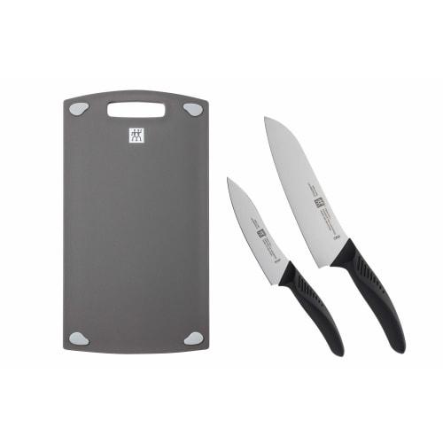 Zwilling Twin Fin L Multi-Purpose/Petty/Cutting Board 3-Piece Set (Santoku Knife, Cutting Board, Gift Set) Stainless Steel Dishwasher Safe 30830-010
