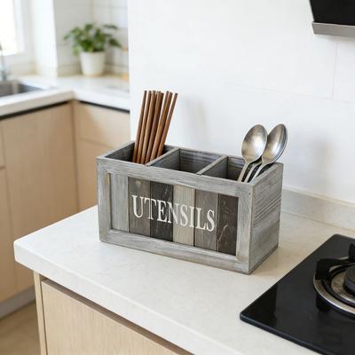 3 Fächer Geschirr Aufbewahrungsbox Vintage mit Trennwand Massivholz Aufbewahrungsbox Große Kapazität Stäbchen Gabel Löffel Organizer