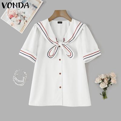 Summer Women Navy Neck Short Sleeve Stitching Striped Buttons Casual Blouse Tops