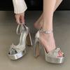Fashion Design Pleated Crystal Rhinestone PVC Women 13CM High Heels Platform Sandals Elegant Square Toe Wedding Prom Shoes