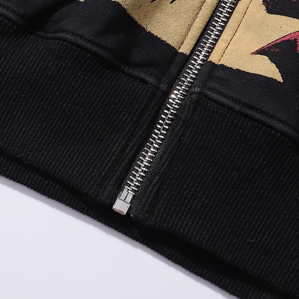 Unisex Retro Print Distressed Zipper Hoodie - Loose Fit, High Street American Style