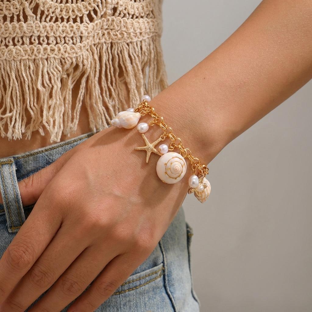 

Bohemian Style Simple Star Shell Pearl Bracelet for Women Multiple Pendants Personality Arm Jewelry Summer Accessory