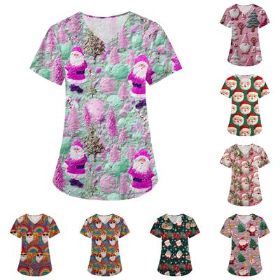 Women's Fashion V-Neck Short Sleeve Overalls With Pockets Christmas Printed Tops  Clothes